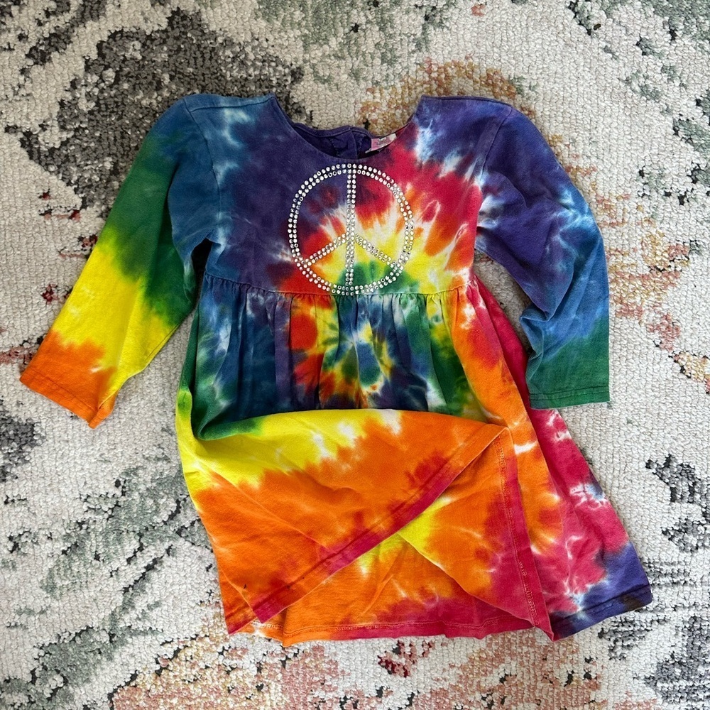 Vintage 90s 4T Girl Tie Dye Dress Peace Sign Sequined Long Sleeve